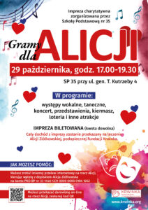Plakat Gramy dla Alicji, 29 października 2026, godz. 17.00–19.30, Szkoła Podstawowa nr 35 w Łodzi