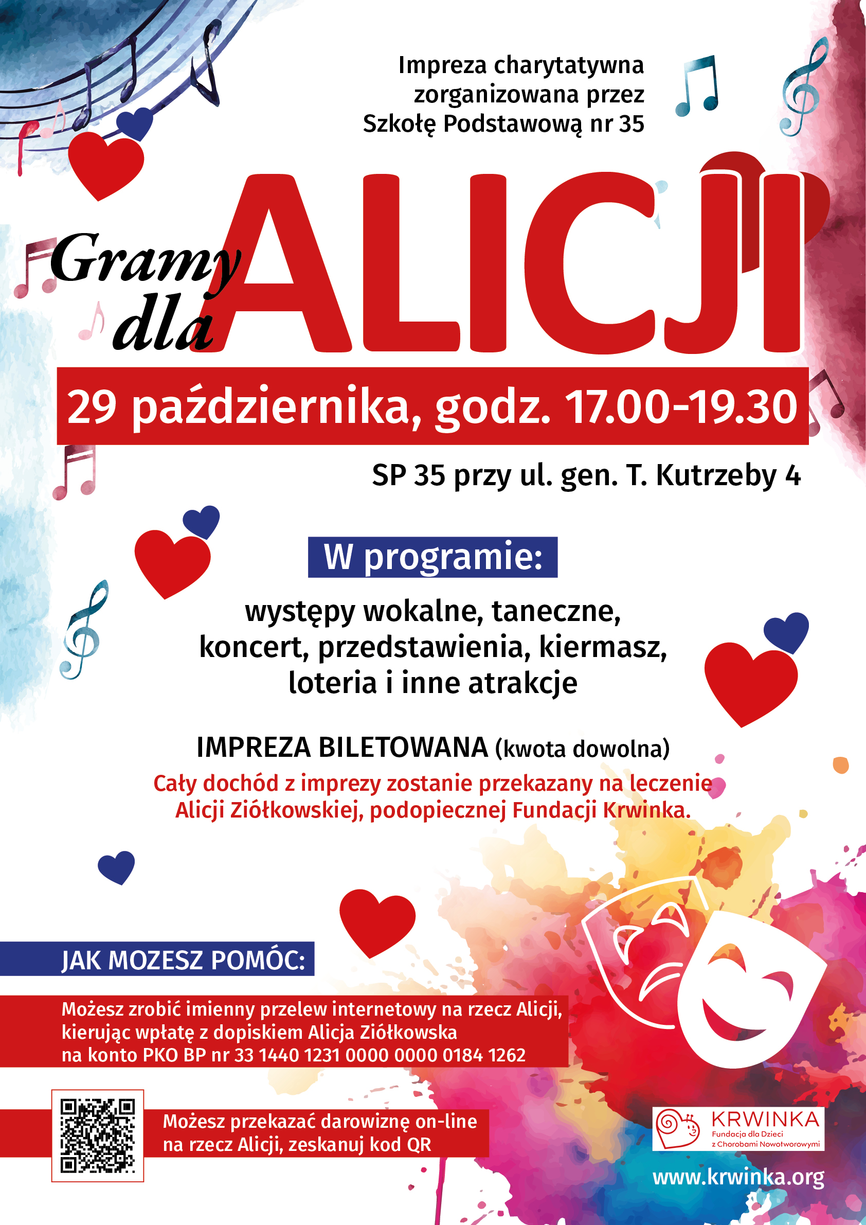Plakat Gramy dla Alicji – impreza charytatywna 29 października 2026 r. w SP 35 w Łodzi