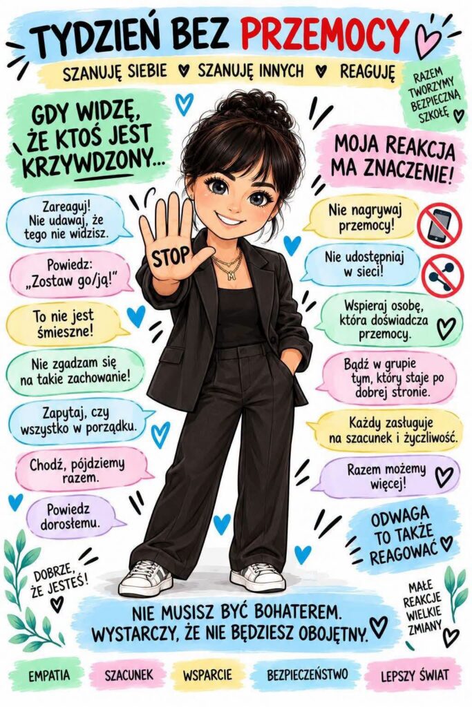 Plakat „Tydzień bez przemocy” z zasadami reagowania na krzywdzenie